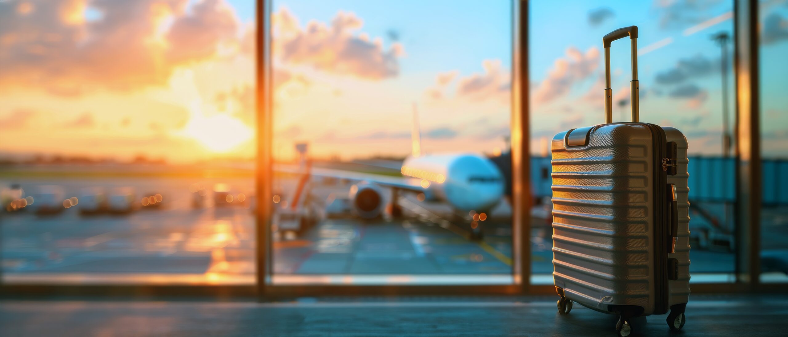 A suitcase stands against the background of an airport window